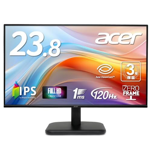 Acer モニター 23.8インチ フルHD 非光沢 IPS 120Hz 1ms(VRB) sRGB 99% AdaptiveSync HDMI 1.4 ミニD-Sub 15ピン スピーカー・ヘッドフォン端子 音声入力端子 VESAマウント対応 ゼロフレームe 14,326円