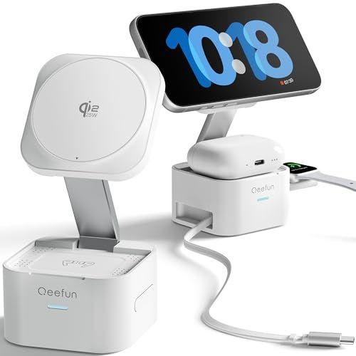 Qeefun ワイヤレス充電器【Qi2.2認証 25W】3in1 MagSafe対応 折りたたみ式 巻き取りType-Cケーブル内蔵 放熱設計 Apple Watch充電器 充電スタンド マグネット式急速充電 iPhone・Apple Wat b5001025