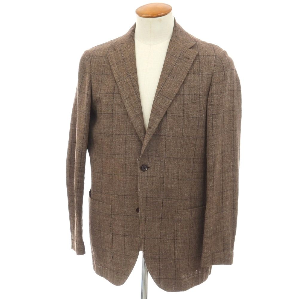 【中古】リングヂャケット RING JACKET シルクリネンナイロン ウィンドウペーンチェック 3B テーラードジャケット ブラウンxネイビー【サイズ48】【メンズ】