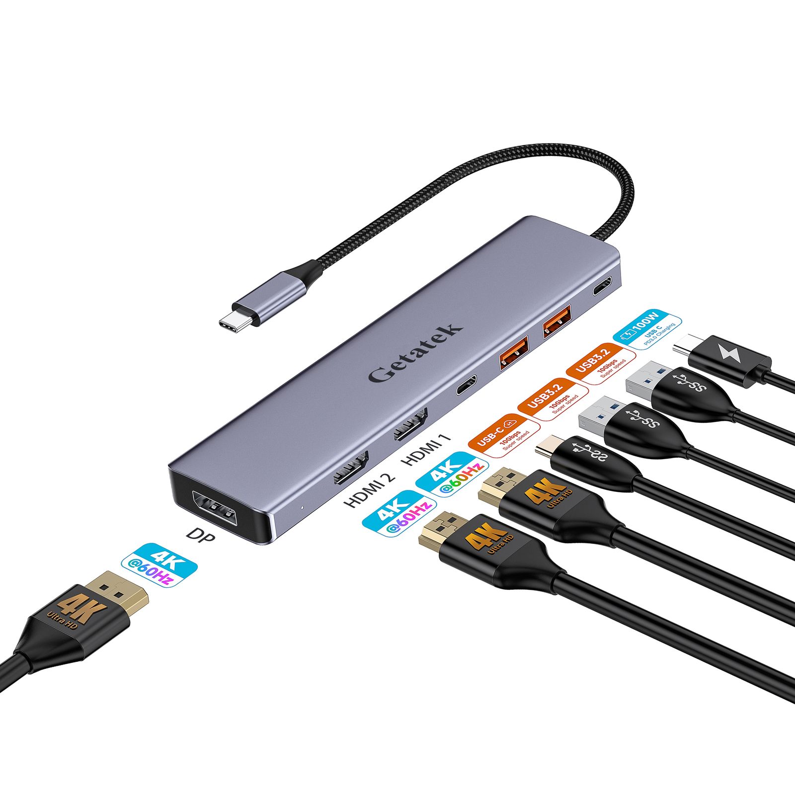 USB C ハブ 7 in 1 トリプルディスプレイ デュアルHDMI DP 4K60Hz