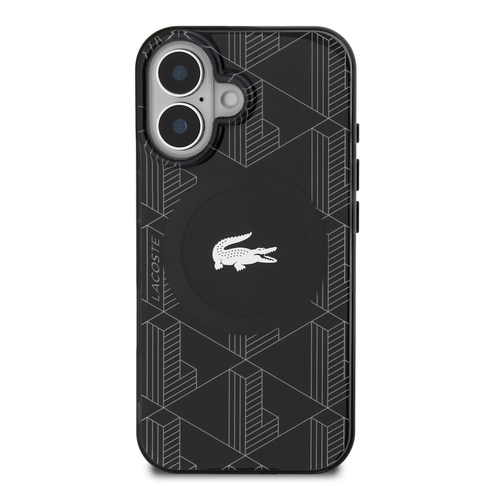LACOSTE iPhone16 Plus 用ケース MagSafe対応 IML モノグラムクロコロゴ（ブラック）
