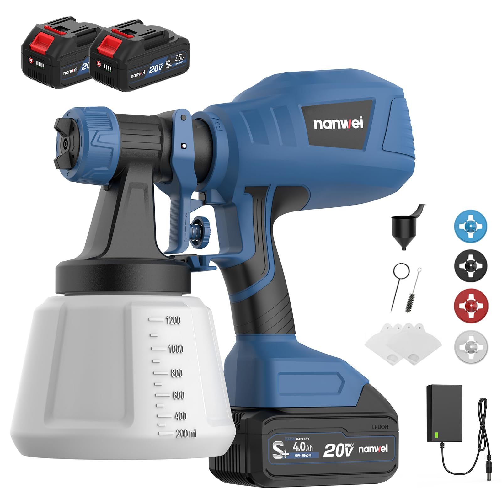 NANWEI スプレーガン 4.0Ahバッテリー2個付き 1200ml大容量塗装機 水性油性塗料対応 噴射量調節可能 三つの吹き付けパターン | 4種類のノズル PSE認証済み (電池セット)t