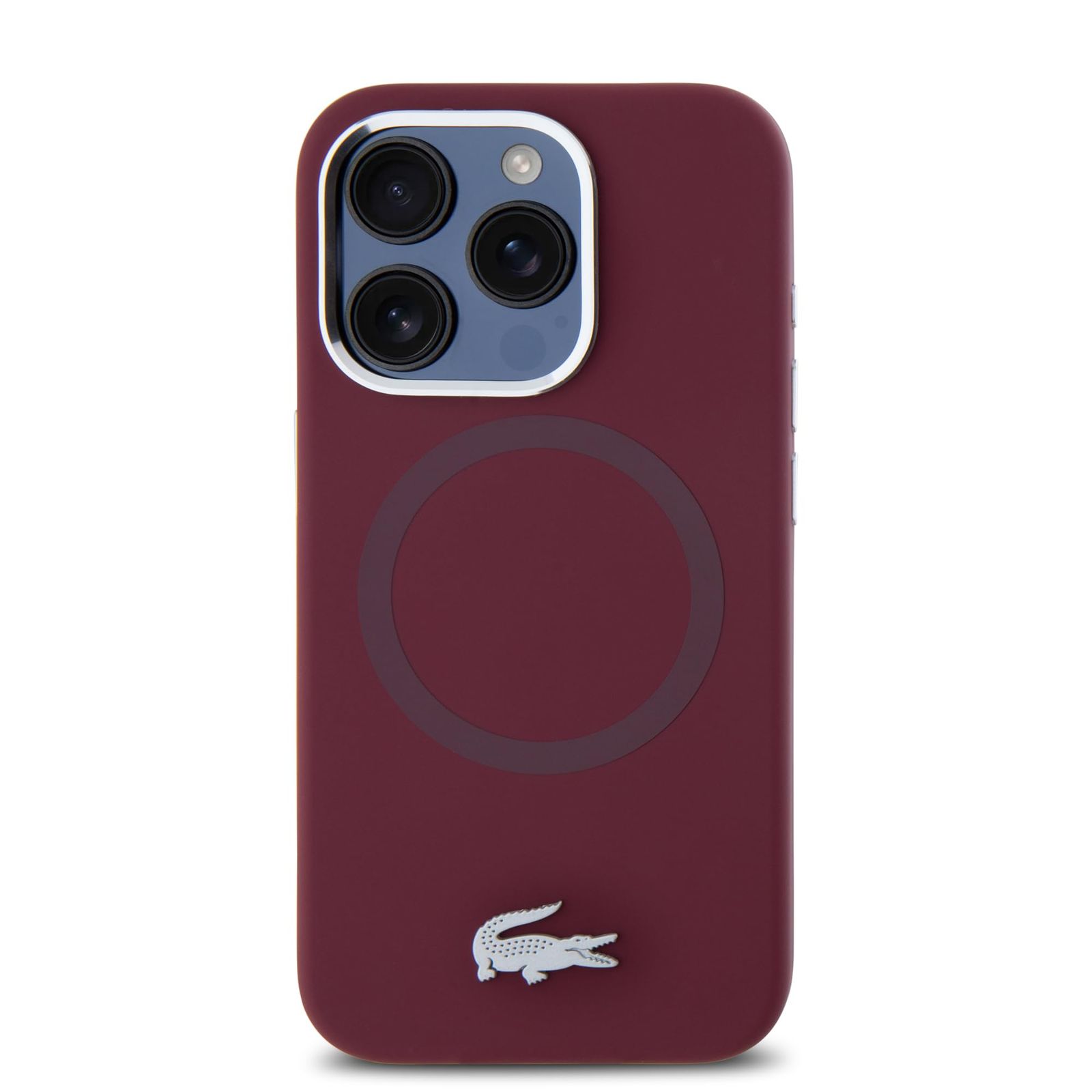 LACOSTE iPhone 15 Pro Max用ケース シリコーン MagSafe対応｜シルバー クロコダイル ロゴ ボルドー