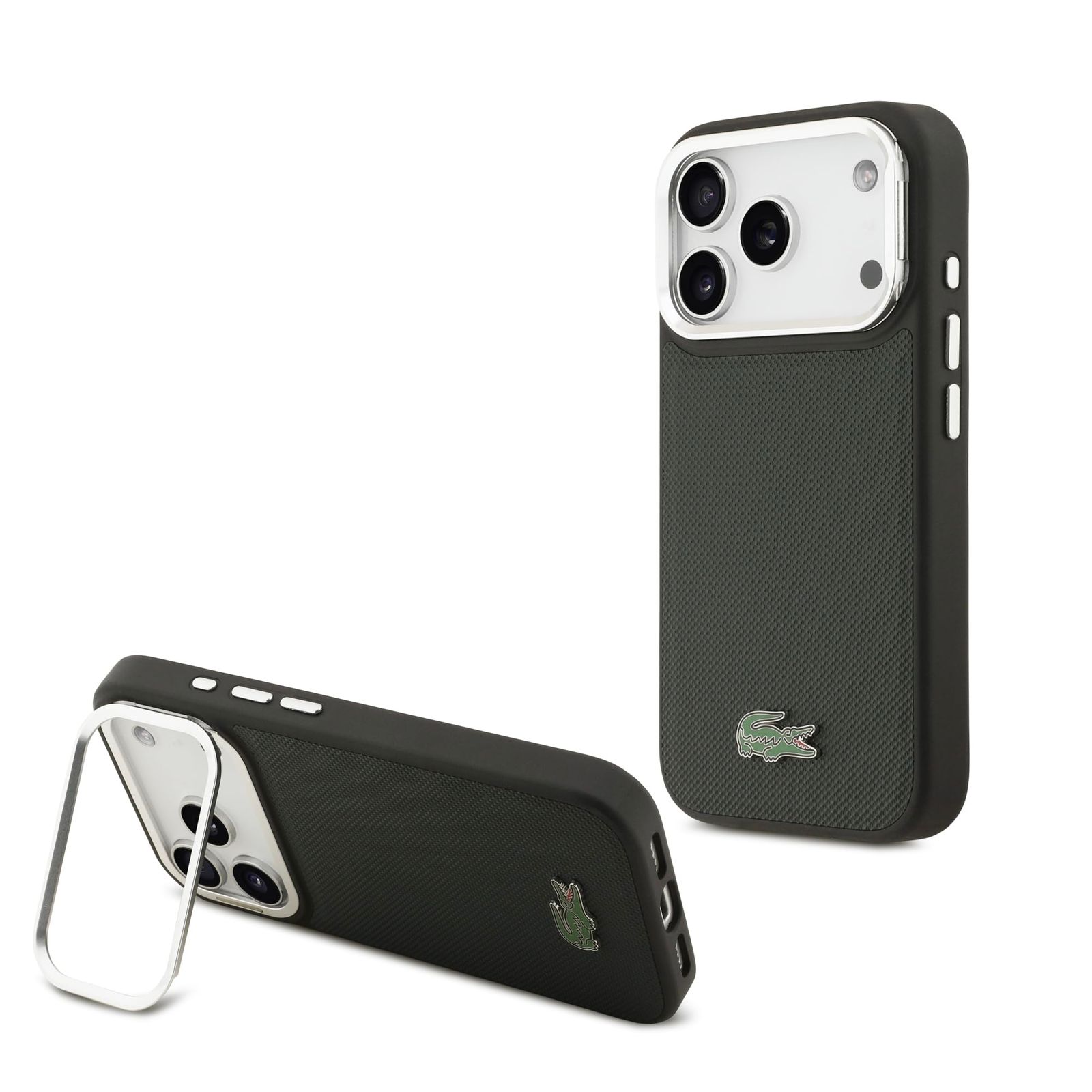 LACOSTE iPhone 17 Pro用ケース MagSafe対応 スタンド機能付き PUレザー スマホケース プチピケデザイン ワニロゴ 角度調整可能 動画視聴に便利 保護カバー シノープル（グリーン系）