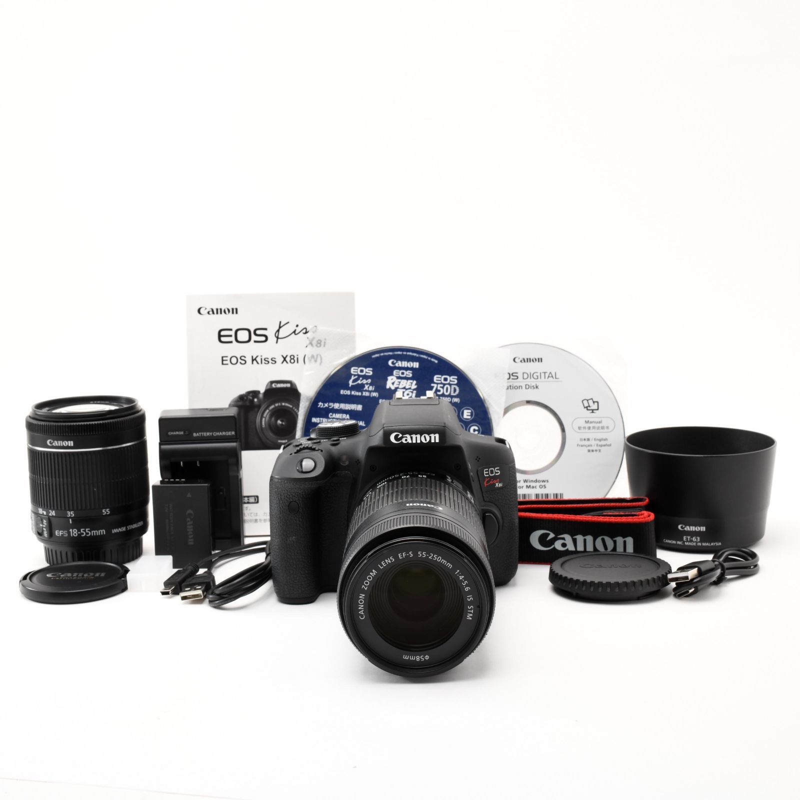 ■ 美品 ■ CANON EOS Kiss X8i ダブルズームキット EF-S 18-55mm / EF-S 55-250mm 《望遠レンズフード付き》 36,647円