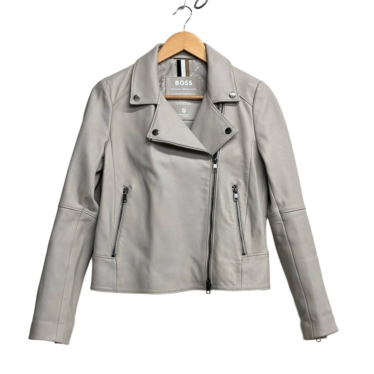 HUGOBOSS(ヒューゴボス) ライダースジャケット サイズUK 6 レディース - グレーベージュ 長袖/レザー/オールシーズン