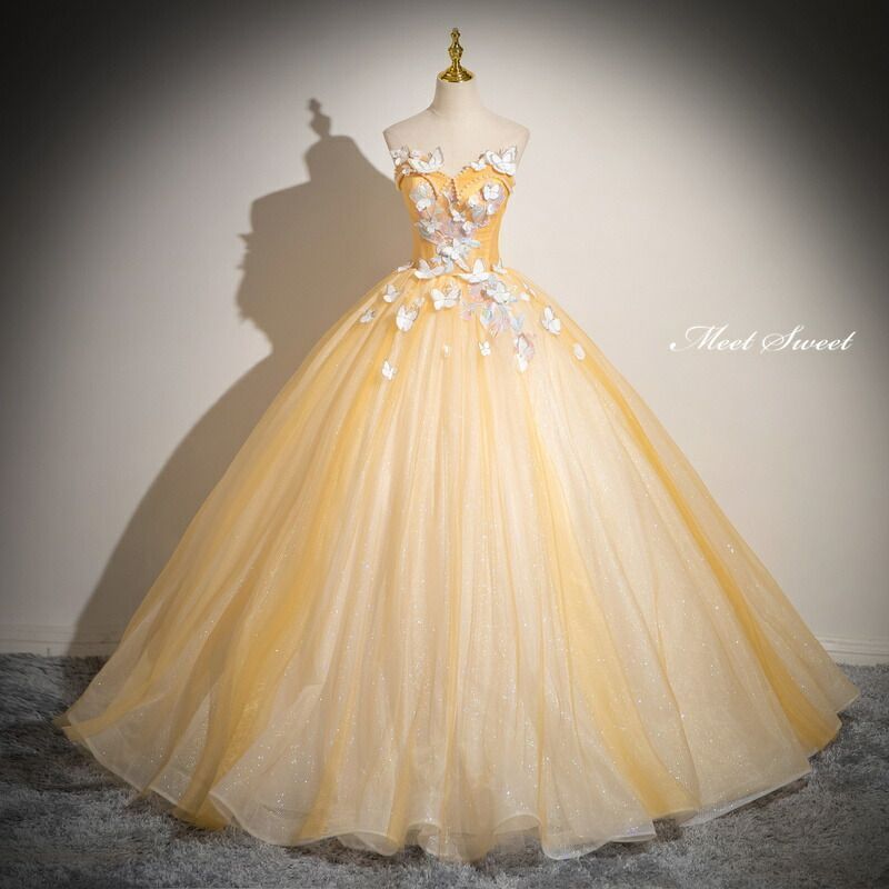 新品 カラードレス プリンセスライン イエロー ベアトップ 蝶 袖なし ロングドレス ウェディングドレス 結婚式 二次会 花嫁 前撮り 発表会 ステージ衣装 ウエディングドレス パーティードレス ブライダル イブニングドレス コンサート コンクール