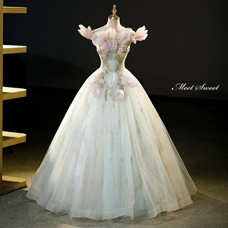 新品 カラードレス プリンセスライン グリーン オフショルダー ビーズ ロングドレス ウェディングドレス 結婚式 二次会 花嫁 前撮り 発表会 ステージ衣装