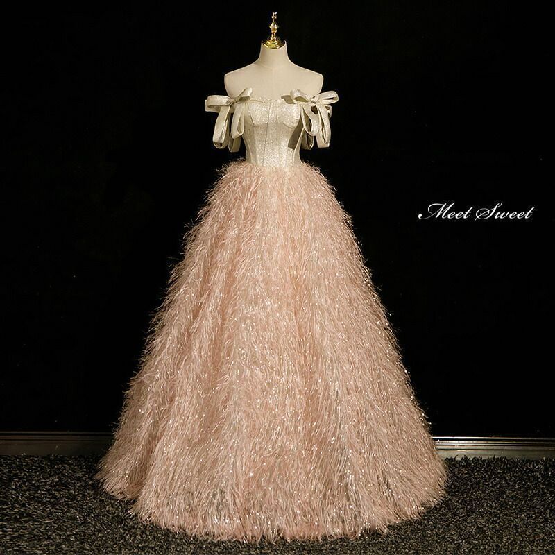 新品 カラードレス プリンセスライン シャンパン フェザー オフショルダー ロングドレス ウェディングドレス 結婚式 二次会 花嫁 前撮り 発表会 ステージ衣装 ウエディングドレス パーティードレス ブライダル