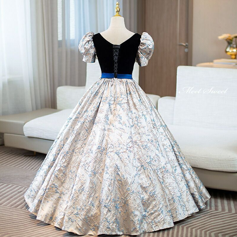 新品 カラードレス プリンセスライン ネイビー パフスリーブ 半袖 花柄 ロングドレス ウェディングドレス 結婚式 二次会 花嫁 前撮り 発表会 ステージ衣装 ウエディングドレス パーティードレス ブライダル