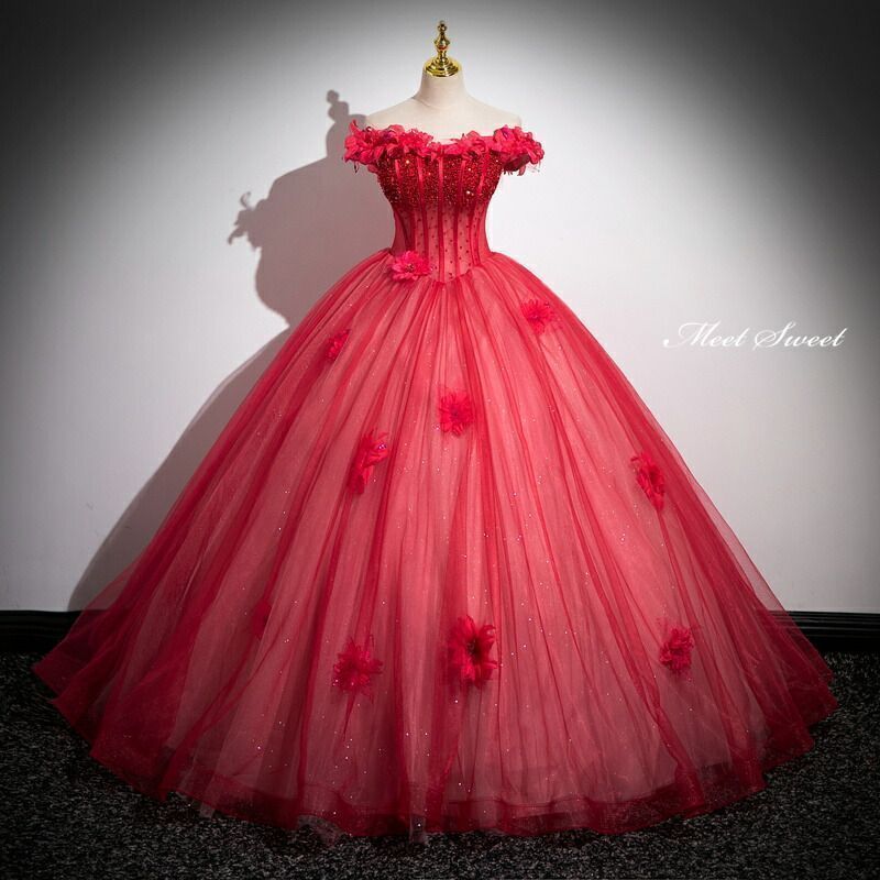 新品 カラードレス プリンセスライン ロングドレス レッド オフショルダー フラワー ウェディングドレス 結婚式 二次会 花嫁 前撮り 発表会 ステージ衣装 ウエディングドレス パーティードレス ブライダル 大人 舞台 15,466円