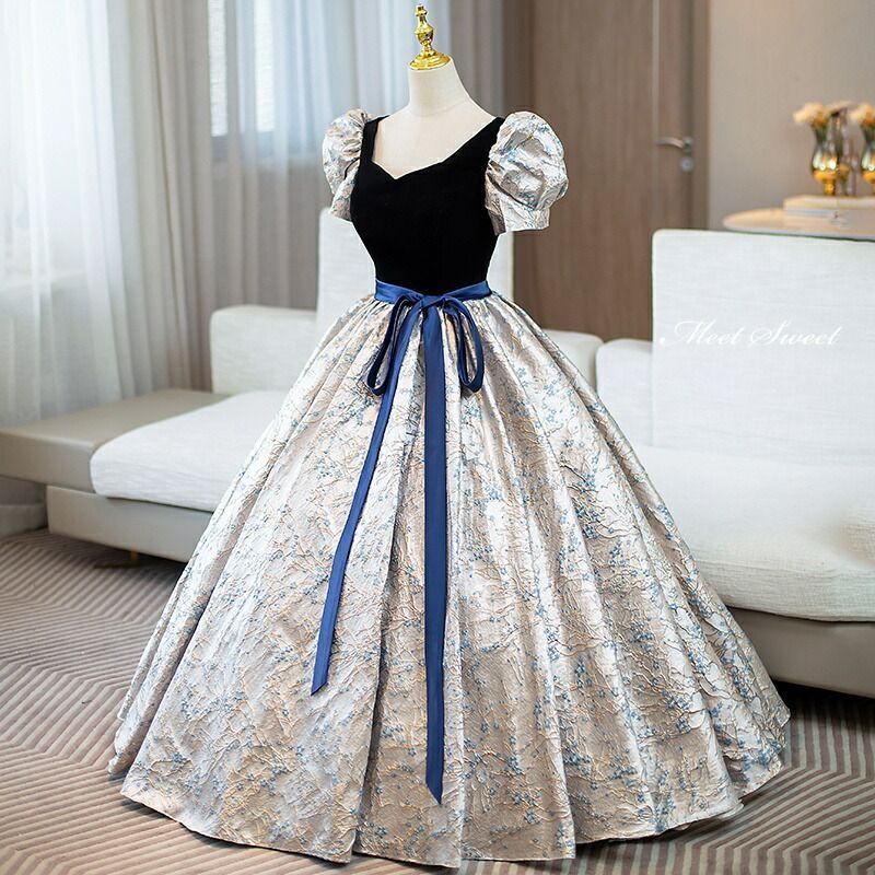 新品 カラードレス プリンセスライン ネイビー パフスリーブ 半袖 花柄 ロングドレス ウェディングドレス 結婚式 二次会 花嫁 前撮り 発表会 ステージ衣装 ウエディングドレス パーティードレス ブライダル