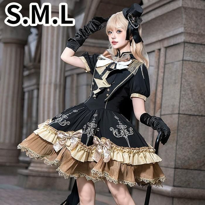 新品 ロリータ ワンピース ショール OP 半袖 ブラック×ゴールド レディース 夏 クラシカル 甘ロリ 上品 コスチューム 仮装 イベント ダンス 卒業式 17,872円