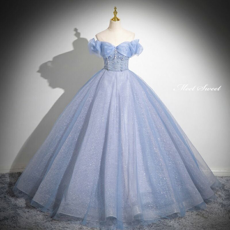 新品 カラードレス プリンセスライン ブルー オフショルダー 編み上げ ロングドレス ウェディングドレス 結婚式 二次会 花嫁 前撮り 発表会 ステージ衣装 ウエディングドレス パーティードレス ブライダル