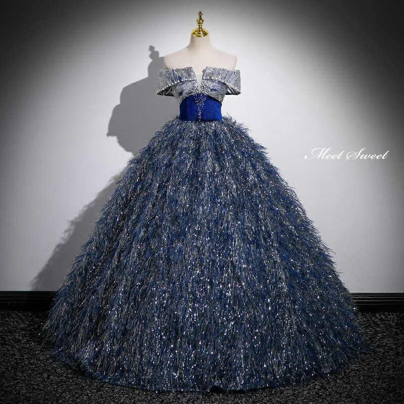 新品 カラードレス プリンセスライン ロングドレス ブルー オフショルダー フェザー風 青 ウェディングドレス 結婚式 二次会 花嫁 前撮り 発表会 ステージ衣装 ウエディングドレス パーティードレス ブライダル イブニングドレス コンサート コンクール