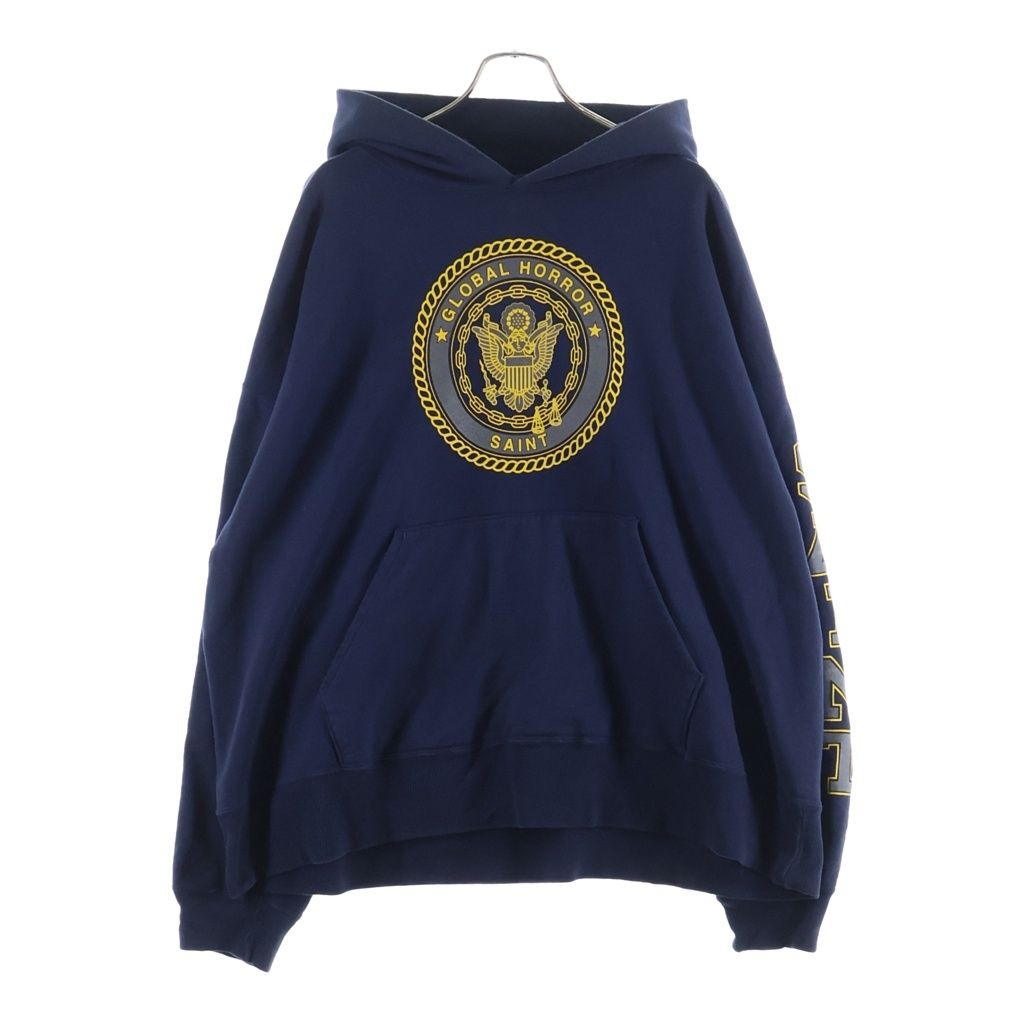 SAINT MICHAEL (セントマイケル) 25AW HOODIE SAINT NAVY ロゴプリント プルオーバーパーカー スウェット ネイビー SM-HR1-0000-055
