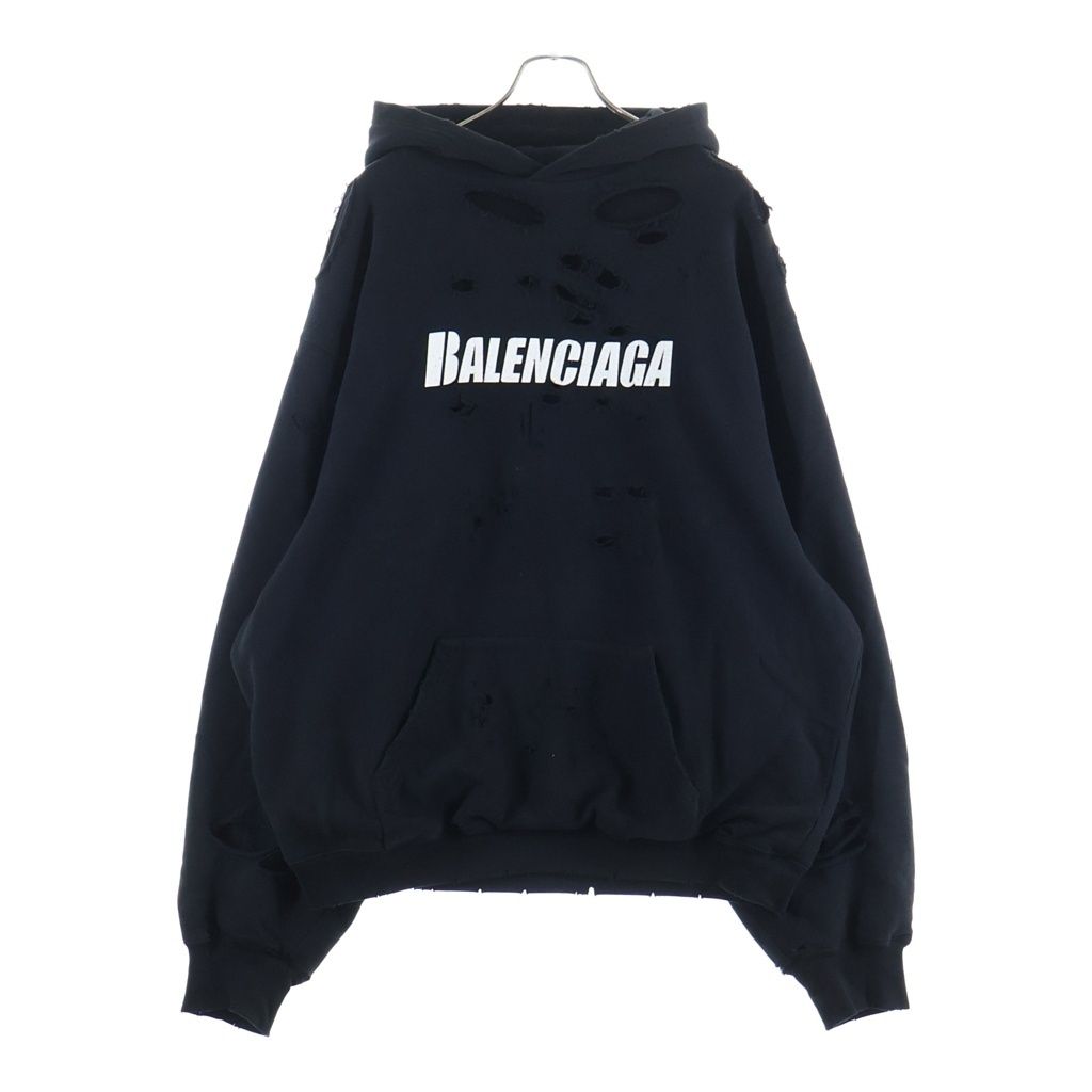 BALENCIAGA (バレンシアガ) Caps Destroyed Hoodie デストロイ加工 スウェット プルオーバーパーカー ブラック 659403