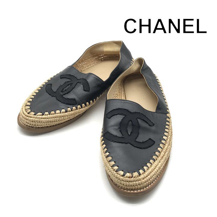 美品 CHANEL シャネル 靴 シューズ ココマーク サイズ30 エスパドリーユ スリッポン ブラック レディース ファッション h846