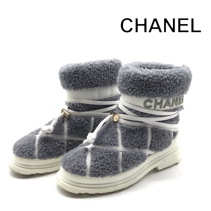 良品 CHANEL シャネル ココマーク ムートン スノー ブーツ キルティング風 グレー 23cm レディース 靴 レディース h850