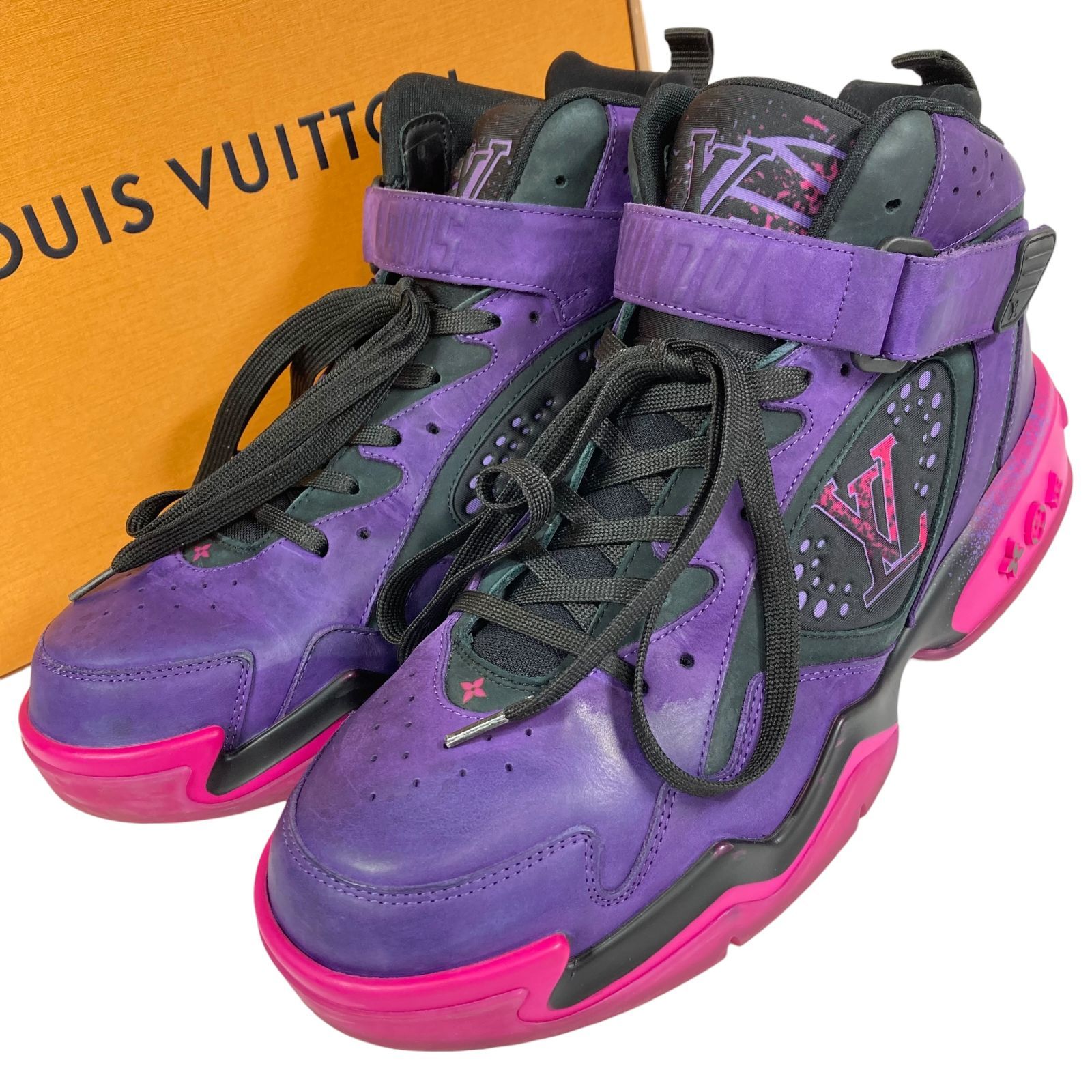【ルイヴィトン】本物 LOUIS VUITTON 靴 27.5cm LVトレイナー2 スニーカー ハイカットシューズ レザー 男性用 メンズ イタリア製 9 箱有スニーカー