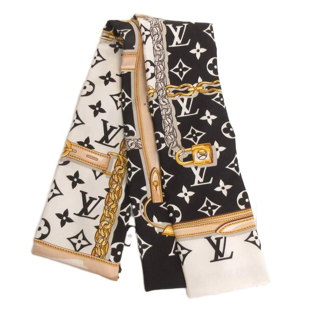 ルイヴィトン LOUIS VUITTON 美品 バンドーコンフィデンシャル モノグラム スカーフ 総柄 チェーン シルク M78656 黒 ブラック 小物
