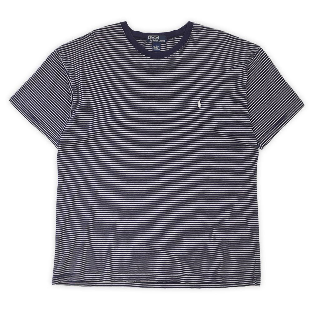 ポロラルフローレン POLO RALPH LAUREN 90s 90年代 ボーダーTシャツ ロゴ刺繍 ポニー USA ヴィンテージ アメリカ 古着 メンズ 半袖 カットソー ネイビー ホワイト L【中古】