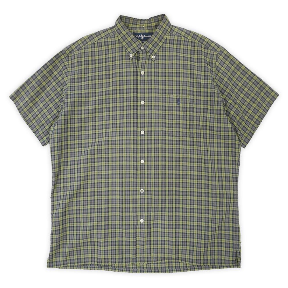 ポロラルフローレン POLO RALPH LAUREN 90s 90年代 ボタンダウンシャツ GREGGOR 3点留め BD 半袖 ロゴ刺繍 USA ヴィンテージ アメリカ 古着 メンズ シャツ オリーブ系 チェック柄 L【中古】