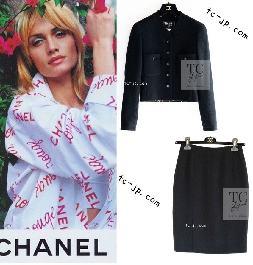 シャネル ジャケット スカート スーツ CHANEL 96S ヴィンテージ ブラック ピンク ロゴ ツイード レッド 裏地 ルージュ 貴重 レア 超美品 34