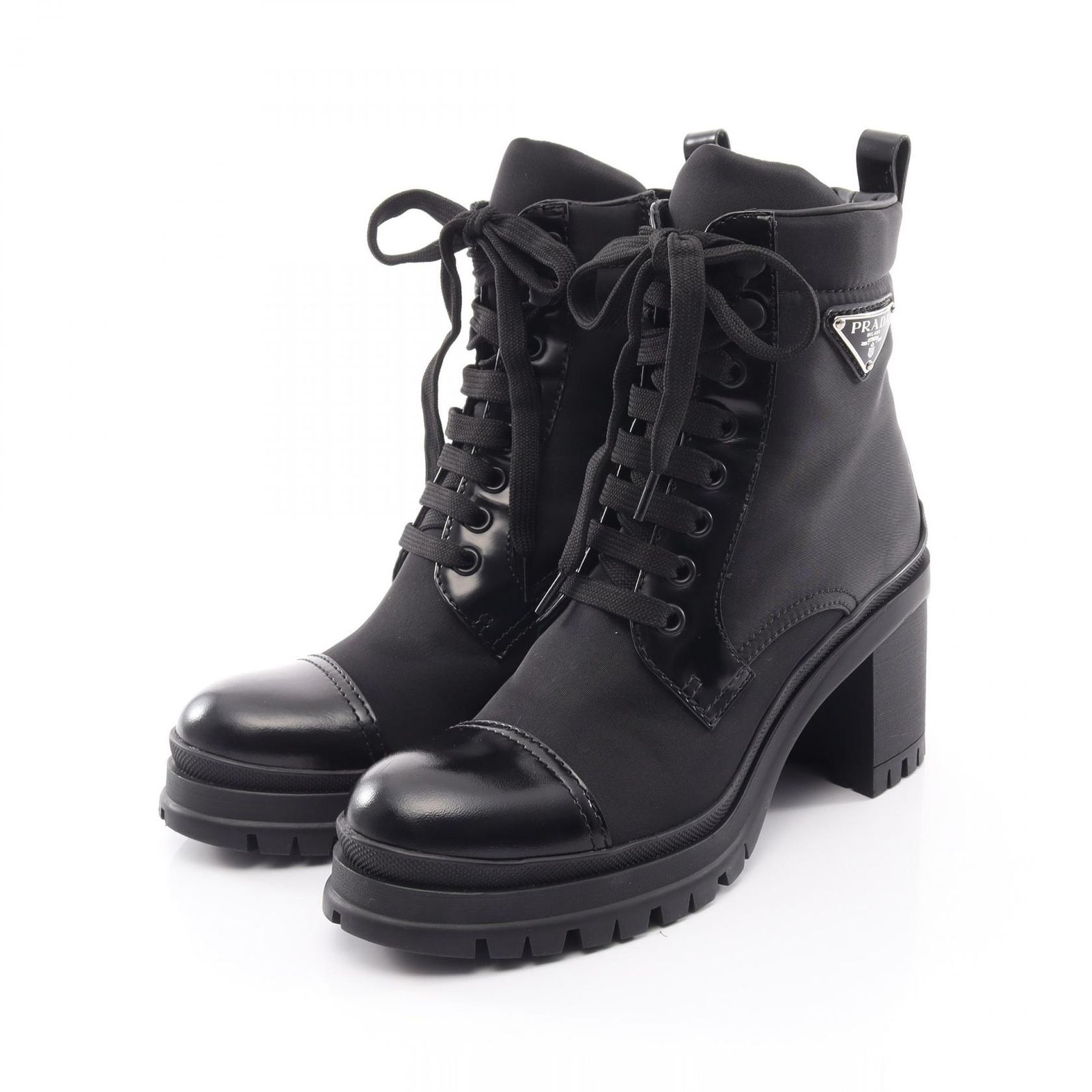 プラダ PRADA ブーツ Re-Nylon トライアングルロゴ レースアップ ナイロン レザー ブーツ レディース Used A