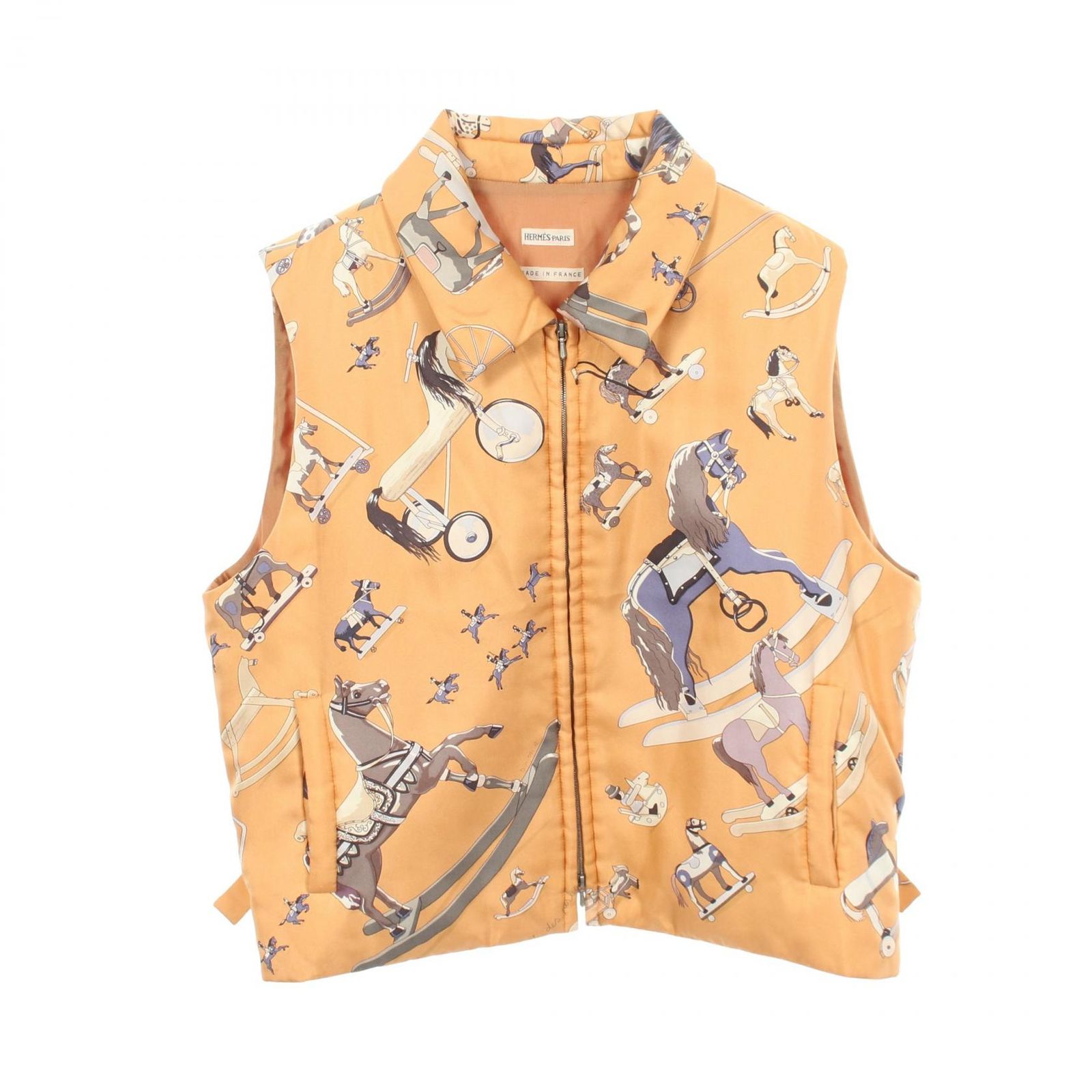 エルメス HERMES ベスト Raconte moi Le Cheval ジップアップ 中綿 シルク ベスト レディース Used A