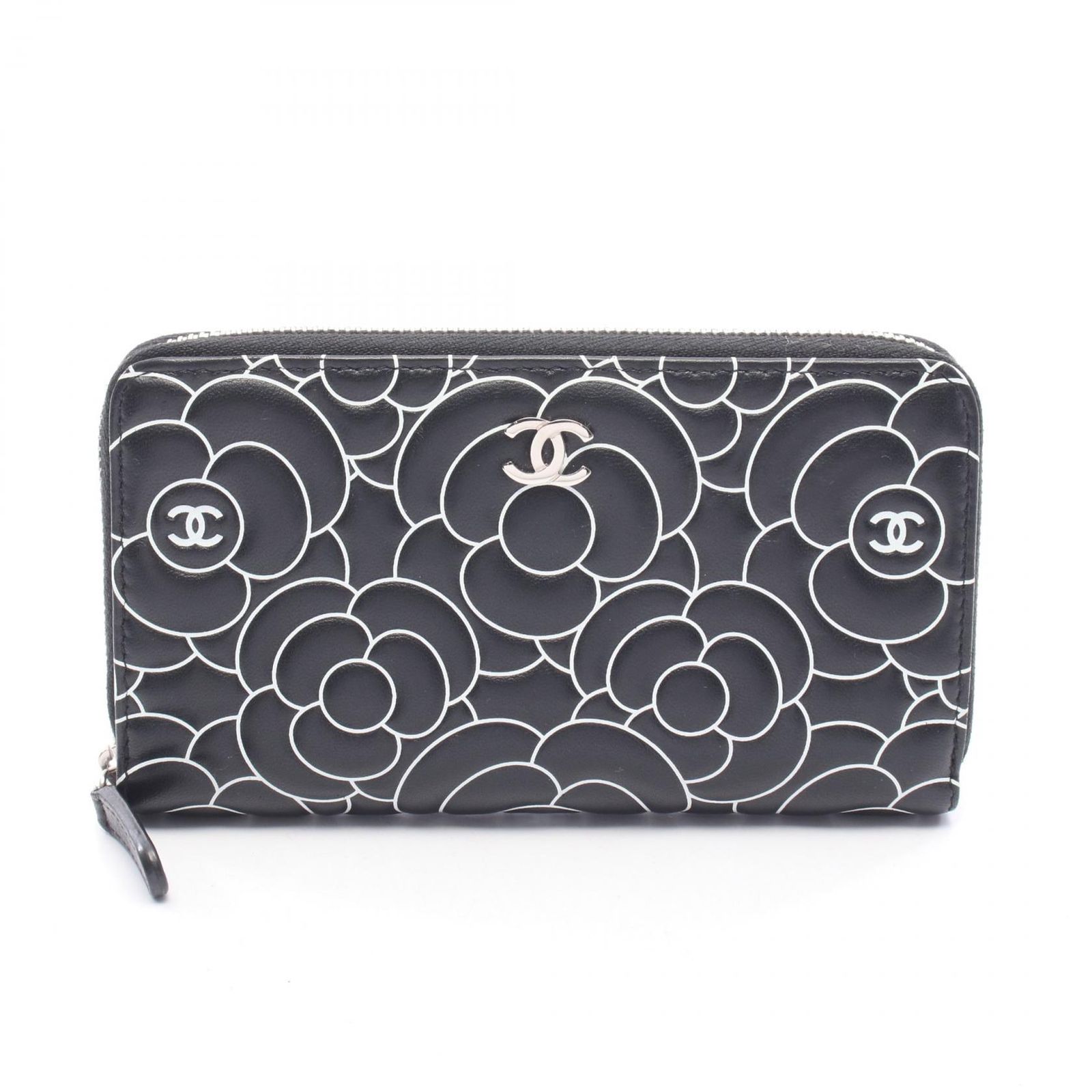 シャネル CHANEL ラウンド財布 カメリア ブラック レザー カメリア ラウンド財布 レディース Used A
