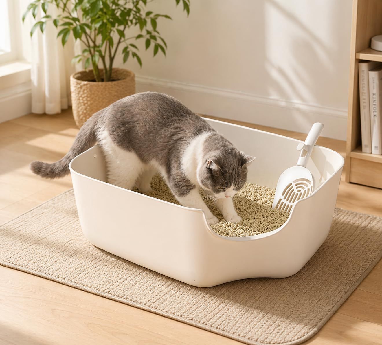 N&S 猫トイレ 大型 飛び散り防止 【トイレ本体のみ】 スコップ付き 足元清潔 掃除簡単 水洗い可能 人気 おしゃれ ホワイト 55×41×22cmt 22025441 6,458円
