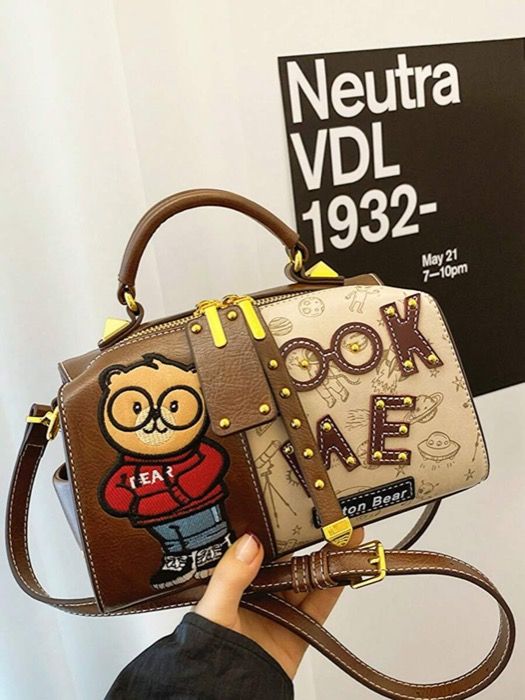 バッグ レディース ショルダーバッグ メッセンジャーバッグ ビンテージベア プリント マルチ機能ボストンバッグ、大容量ショルダートートバッグ