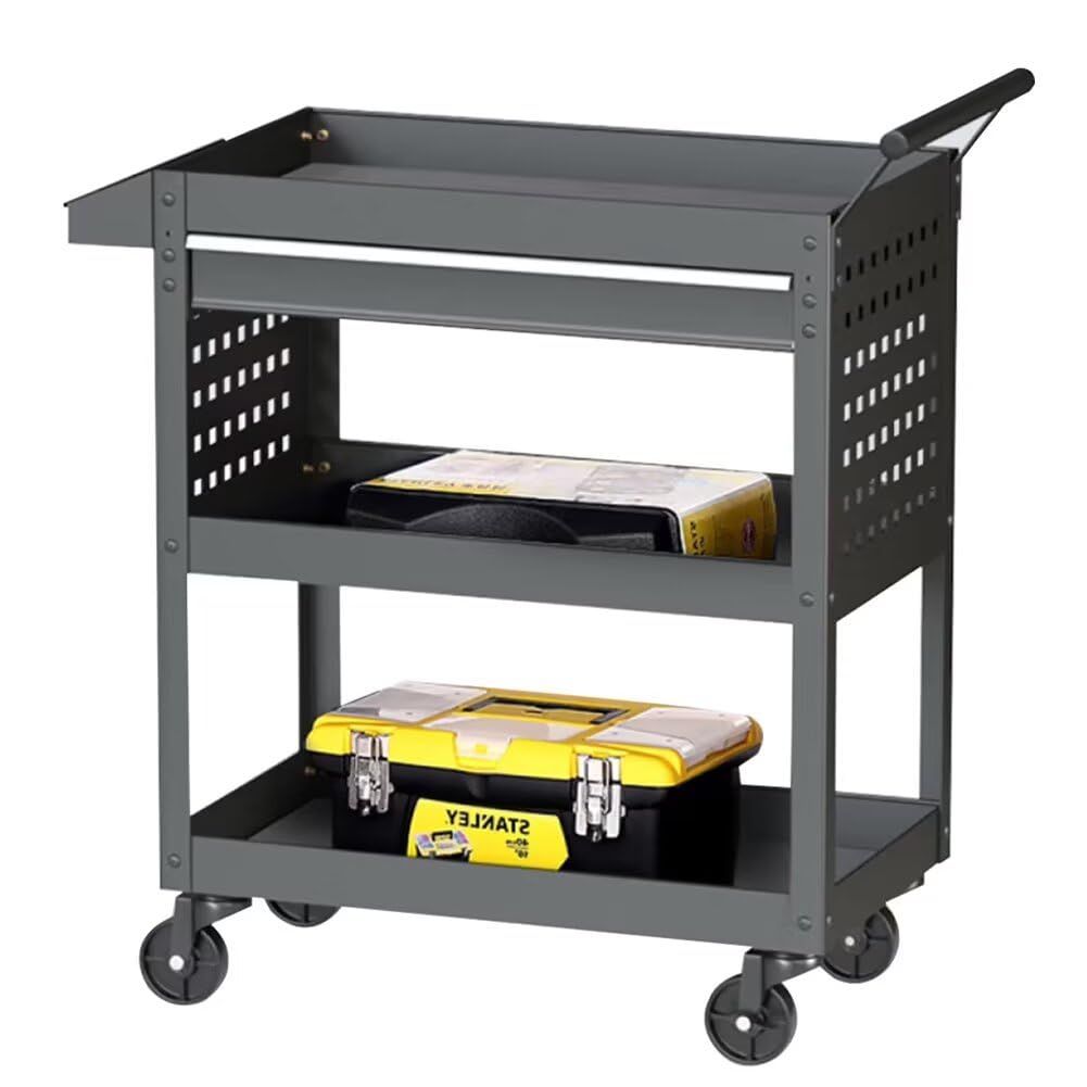 msツールワゴン ツールカート 3段 耐荷重200kg 幅62cm×奥行き35cm×高さ74cm 工具カート 工具ワゴン 工具台車 キャスター付き 大容量 多機能収納 工具収納 移動 運搬 倉庫 ガレージ ブラック 引き出し付き ad77b062