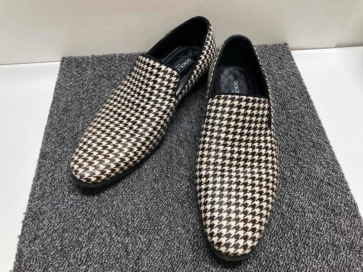 DOLCE & GABBANA（ドルチェ＆ガッバーナ）ハウンドトゥース（千鳥格子）柄ハラコ（ポニーヘア） スリッポン / サイズ61/2 ブラウン