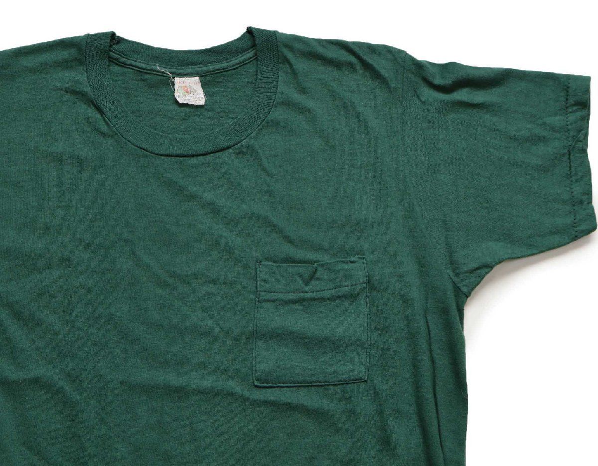70s USA製 FRUIT OF THE LOOM 無地 コットン ポケットTシャツ 緑 L★ビンテージ クルーネック インナー グリーン 6,035円