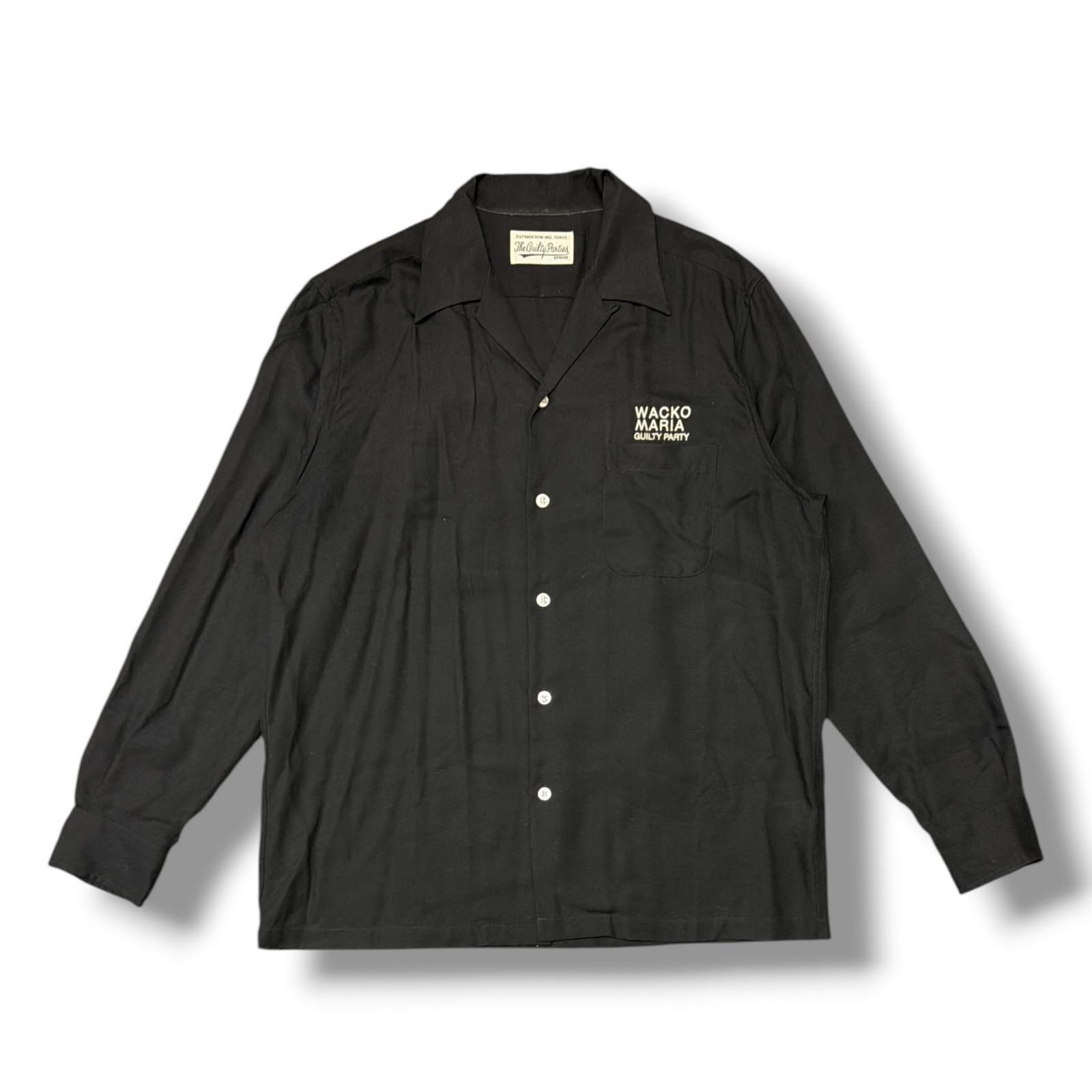 WACKO MARIA 胸ロゴ刺繍オープンカラーシャツ 開襟 長袖 シャツ ワコマリア ブラック M (20665M)