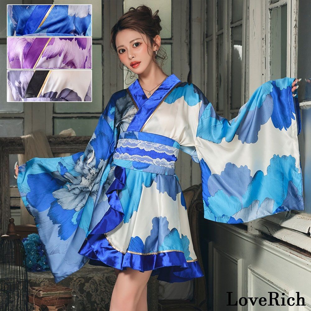 LoveRich ラブリッチ 【2点セット/3カラー】花柄 フリル ミニ 豪華 帯 リボン 花魁 着物 ドレス コスプレ イベント ハロウィン [1610]