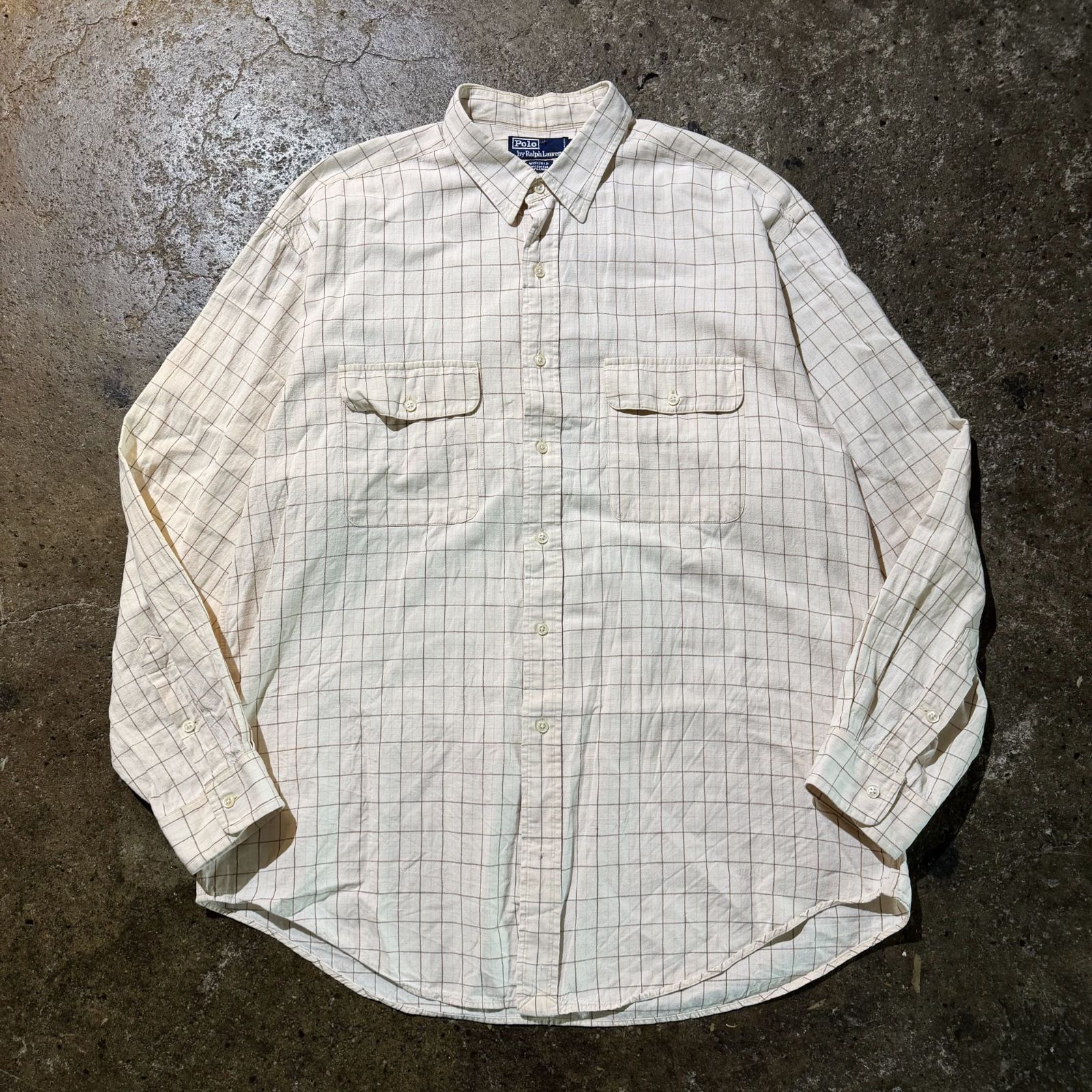 Polo Ralph Lauren 90s モーリシャス製 WHITFIELD コットンリネン チェック柄 ネップ ベージュ系 L 1990s ポロ ラルフローレン ウィットフィールド