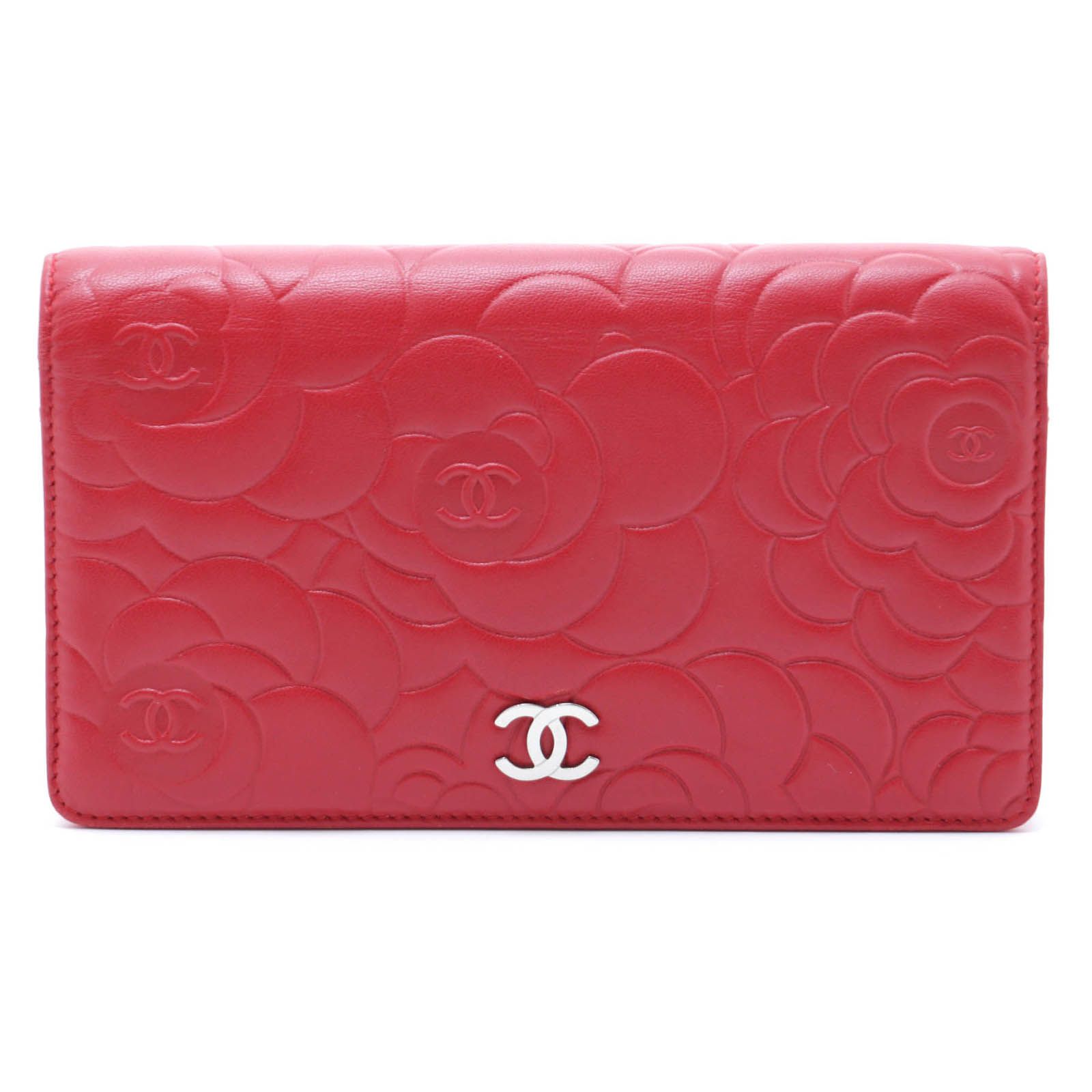 CHANEL シャネル カメリア 二つ折長財布 レッド/SV ラムスキン A36544 長財布 ラムスキン レッド/SV レディース【中古】436 44,895円