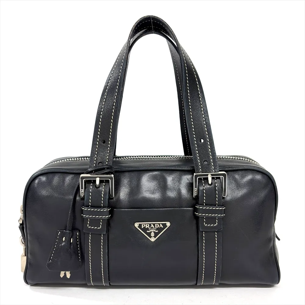 プラダ PRADA ロゴ ハンドバッグ レザー ブラック ミニボストン