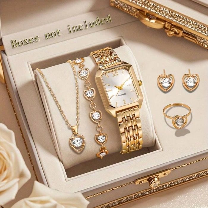 Women's Watch Set Elegant Women's Watch Gift Set of 6, Fashionable Heart Jewelry Set, Palace Style Quartz Wristwatch, Classic Vintage Rectangular Watch, Comfortable Alloy Strap, Perfect Gift for Family and Friends, Holidays