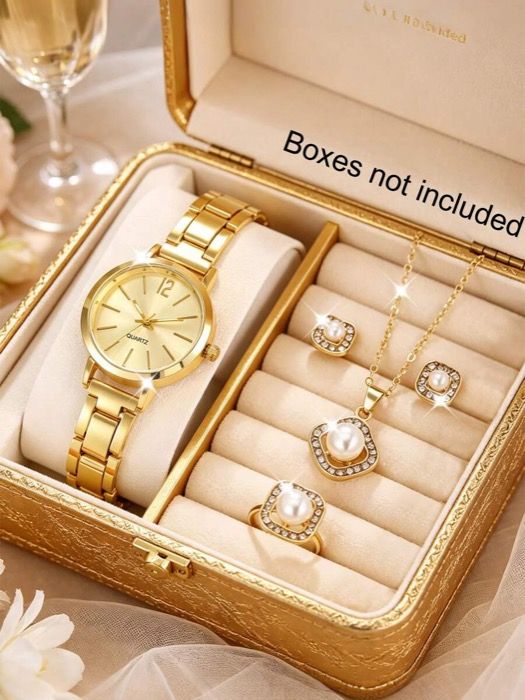 Women's Watch Set Women's Elegant Gold Mini Disc Watch & Jewelry Set with 5 Pieces, Includes Necklaces, Earrings, and Rings, Suitable for Daily Use, and Can Also Be Used as a Valentine's Day/Birthday Gift