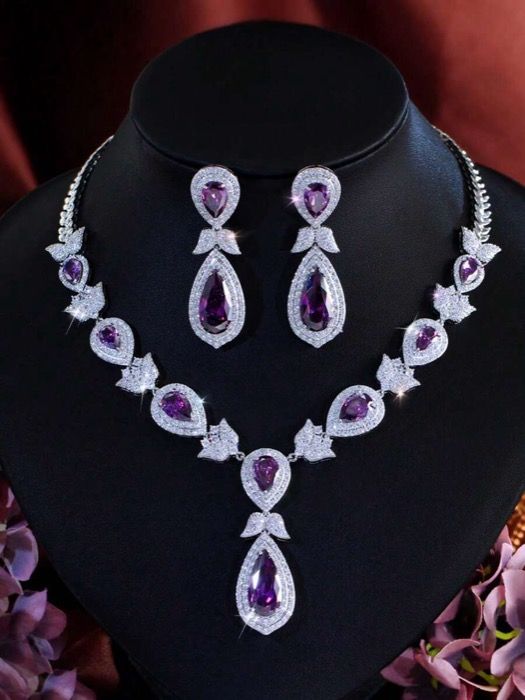 ジュエリー レディース セット 1セット パープル ペアカット ロングウォータードロップ ダングル リーフピアス ネックレス レディース ウェディング シルバーメッキ ジュエリーセット バンケット パーティー プロム用