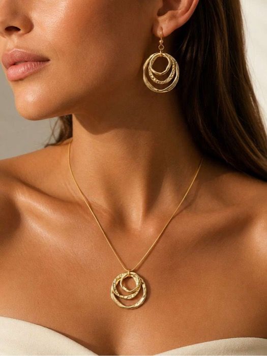jewelry women's set 1 pair pendant earrings+1 necklace zinc alloy jewelry set, multi-layer round design vintage bohemian style design jewelry set