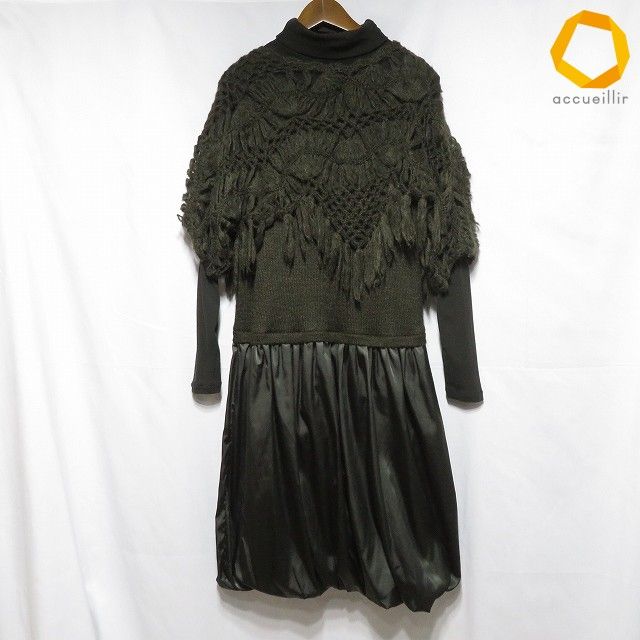 #wnc ヒロコビス HIROKO BIS セットアップ 11 カーキ ポンチョ付き ニット バルーン裾 異素材 タートルネック レディース [926401]