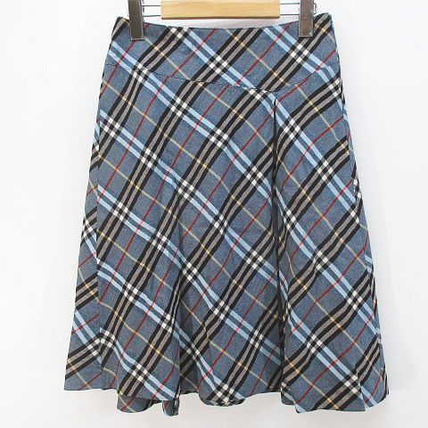 バーバリーブルーレーベル BURBERRY BLUE LABEL FLF37-621 ノバチェック柄 膝丈 フレアスカート 36 青系 ブルー タック 内スリット 裏地 毛 ウール 12,168円