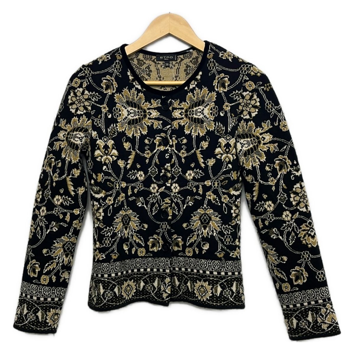ETRO(エトロ) カーディガン サイズ38 S レディース美品 - 黒×ベージュ×白 長袖/花柄 10,366円