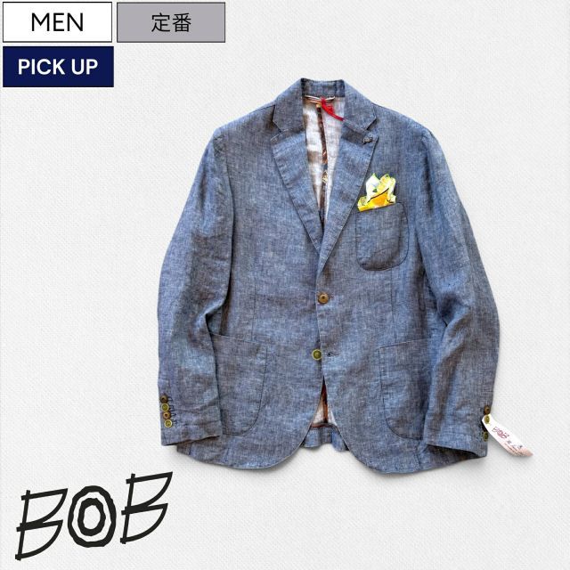 【定価64,900円(税込)】BOB ボブ イタリアの熟練職人によるハンドメイドの１着！本格的なテーラーリングに大人の余裕を醸す“遊び”を随所に落とし込んだロゴピンバッチ付きテーラードリネンジャケット　麻 074743142 ウォッシュブルー イタリア製 メン