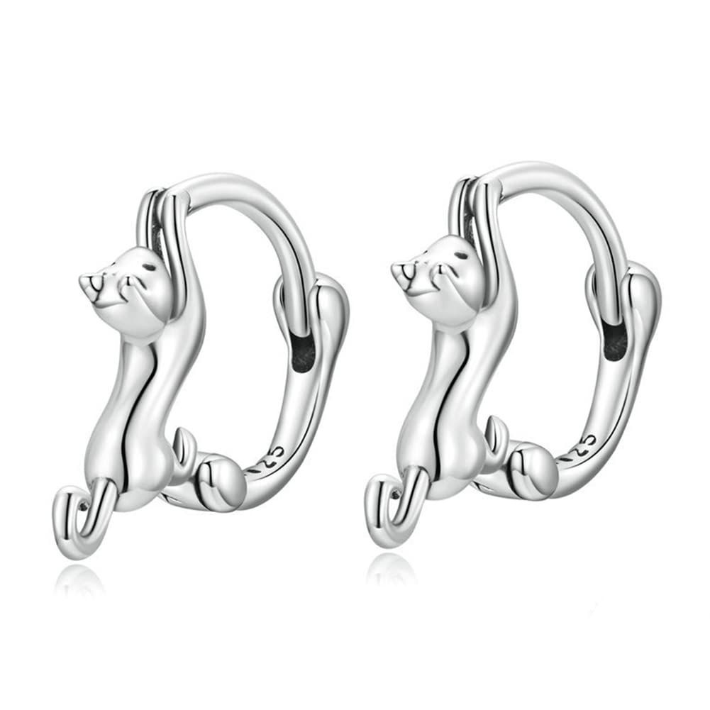 ピアス 6mm レディース フープ 猫ピアス 動物モチーフ ネコ リング 揺れる シルバー925 金属アレルギー対応 友達 新年 卒業式 ファッション アクセサリー (シルバー-幅 )